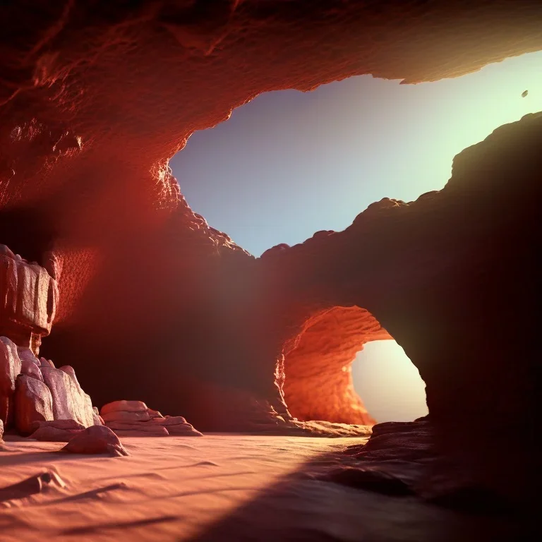 Cave in a desert mountain, hyper realistic, photography, rays, amazing lighting