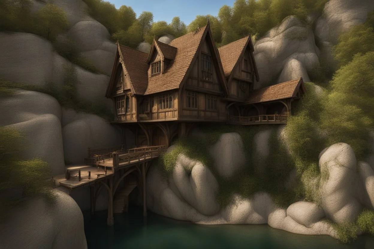 small wooden medieval gothic twisted house built into a cliff, trees, balconies, walkways, bridge, sunshine, lake