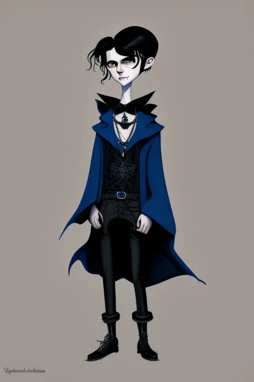 black haired blue eyed young man wizard with gothic jewelry in the style of charles addams