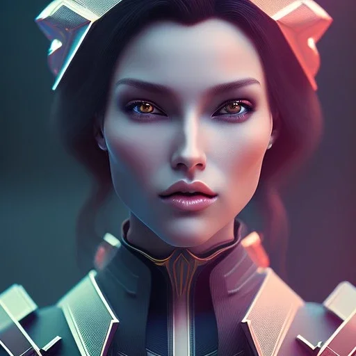 A handsome woman standing in front of a church, futuristic design, a paradise in background, close-up face, geometric armor, female face, 3d unreal engine, black face, close up armor