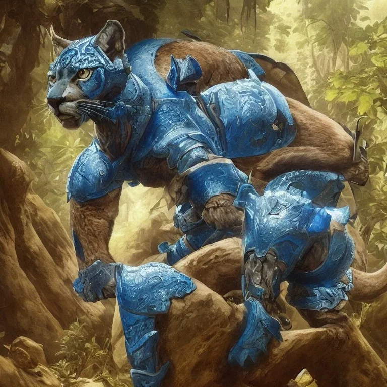 A Fantasy painting of an angry cougar in full blue and white armor, Inka jungle background, highly detailed, digital painting, Artstation, concept art, matte, sharp focus, illustration, dramatic, art by artgerm and greg rutkowski and alphonse mucha