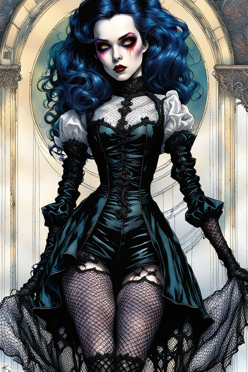 Create and fine print full body illustration of an epic fantasy Goth Girl ball jointed porcelain doll, with finely lined and detailed facial features, in a ragged gothic dress, fishnet stockings ,battered combat boots, , in the comic book style of Bill Sienkiewicz, Philippe Druillet, and Jean Giraud Moebius, precisely drawn, colored and inked