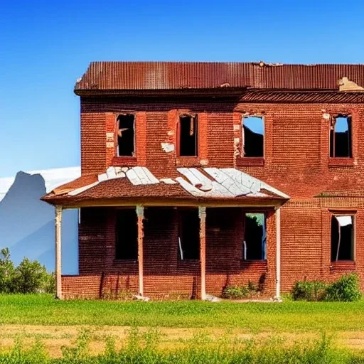 Abandoned house, brick walls, highly detailed, hill in the background, two windows on the front wall