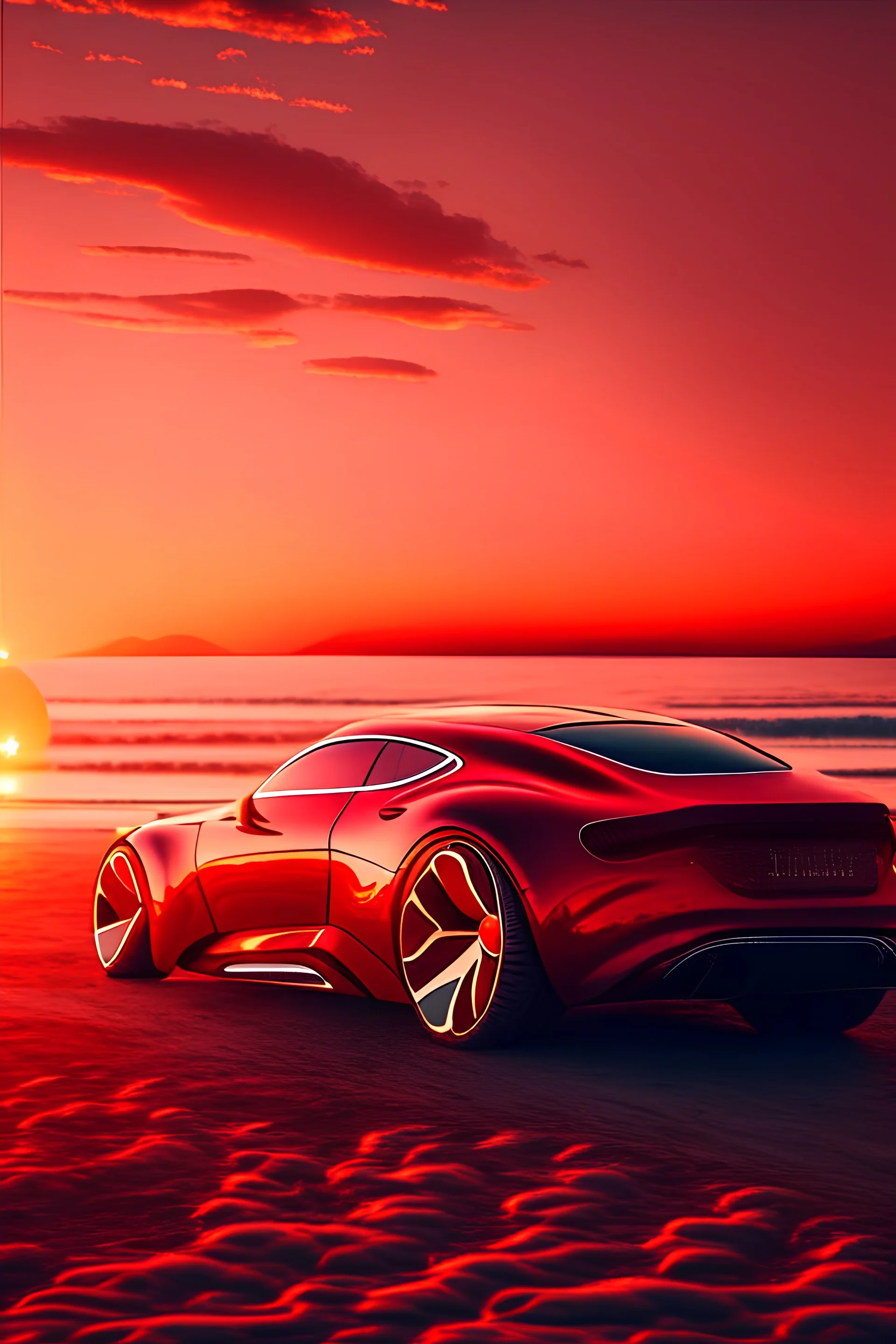 Ein luxus red car was vor einen sonnen untergang steht