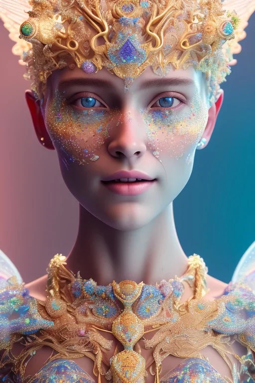 A portrait of a crystalline fairy, smile, mythical,fantasy , magnificent, majestic, highly intricate, Realistic photography, incredibly detailed, ultra high resolution, 8k, complex 3d render, cinema 4d