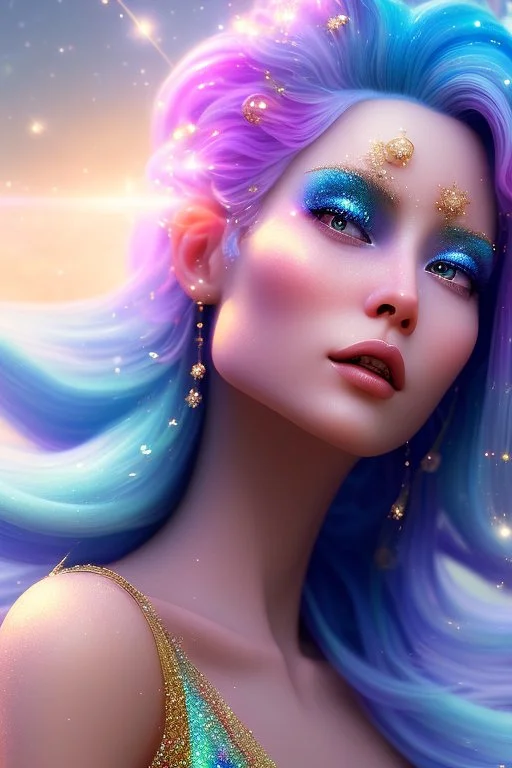 woman glitter blue fairy in a galactic ambiance, long blue hair, detailed gorgeous smile, delicate colors in the foreground, full of details, smooth, light effect，vaporwave colorful, smooth, extremely sharp detail, finely tuned detail, ultra high definition, 8 k, unreal engine 5, ultra sharp