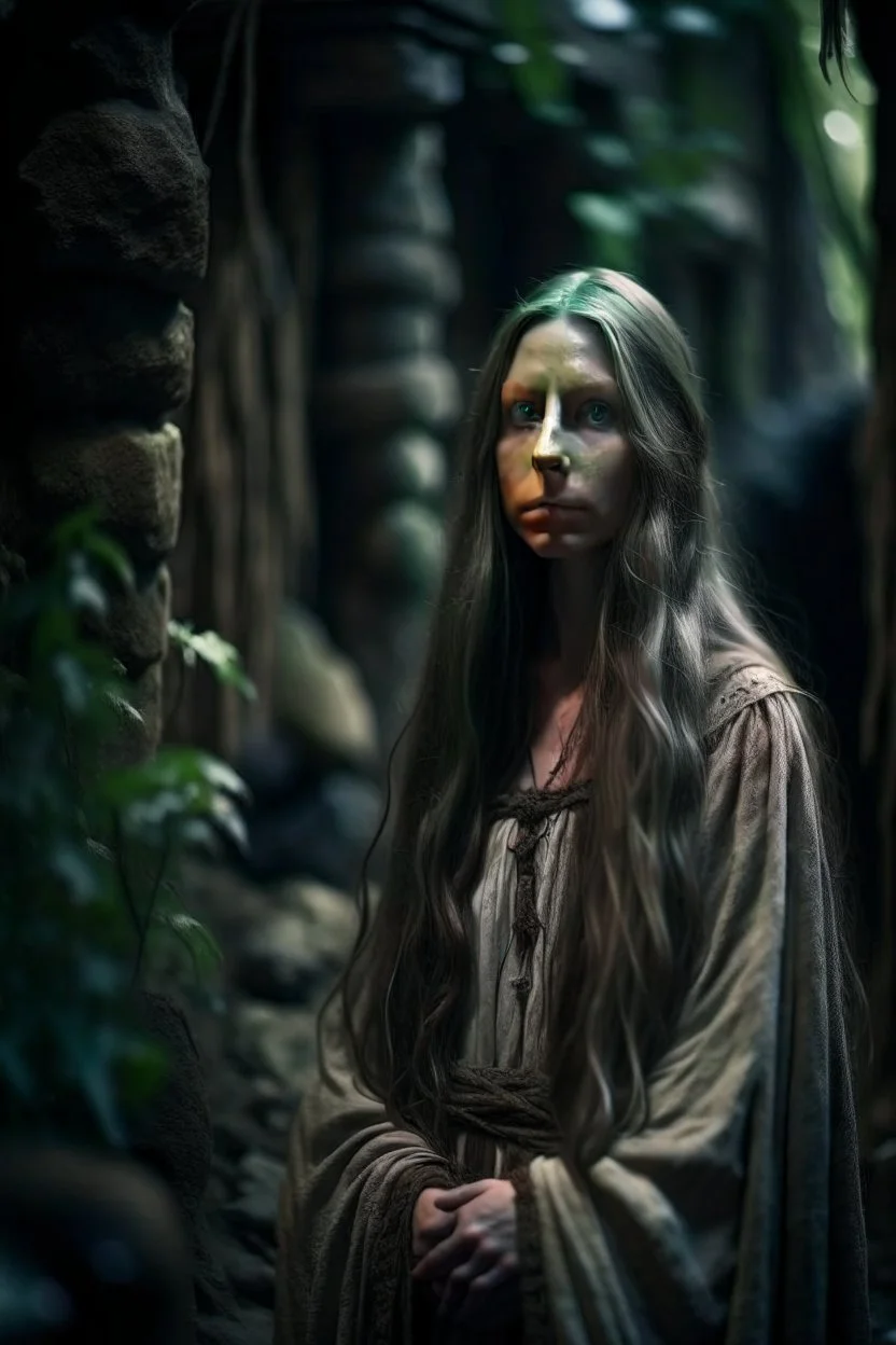 underground grove, with bricks and stones, portrait of a ghost wood elf with pale, ethereal features with long hair that seems to shimmer. She dresses in flowing, dark-colored clothing that accentuates her mysterious aura. photo-realistic, shot on Hasselblad h6d-400c, zeiss prime lens, bokeh like f/0.8, tilt-shift lens 8k, high detail, smooth render, down-light, unreal engine 5, cinema 4d, HDR, dust effect,, smoke