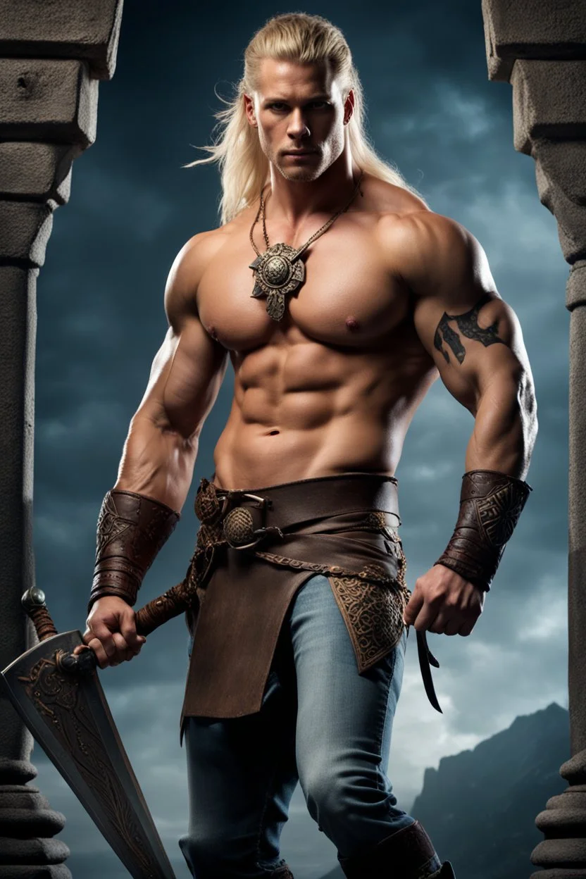 stunningly handsome viking warrior king, muscular, long blonde hair, male age 30, wearing jeans and a shirt, tan skin, tattoos,photorealistic 4k dark fantasy