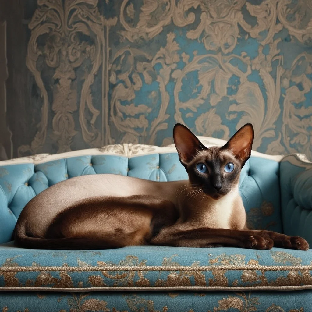 an Oriental shorthair chocolate point Siamese cat with blue eyes lies on an old couch with his head on the armrest staring into space. A beautiful baroque wall in the background, hyperrealistic, a product photo.