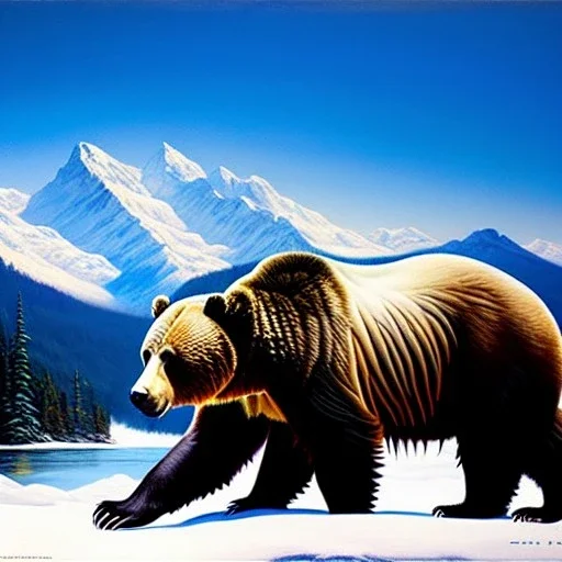 portrait of 'Grizzly Bear',River,snow,mountains,painting by Earl Norem, simon Bisley,frazetta,西嘛哒, evan lee, Vallejo,kelly oil on canvas, cinematic composition, extreme detail,fit full head inside picture,8k