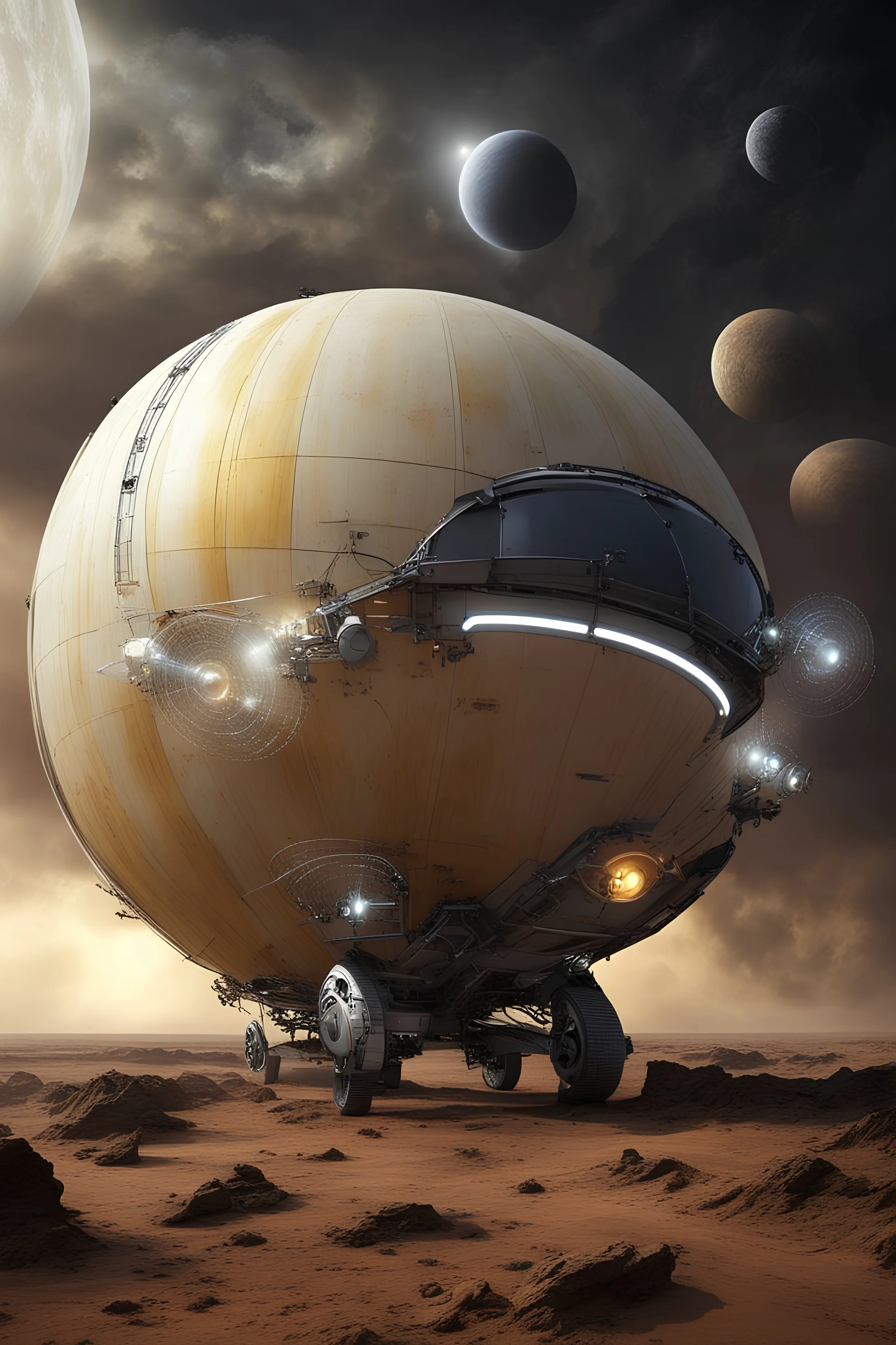 An advanced vehicle made to travel around planet venus that has bright lights that can withstands strong storms and winds, sulfric acid rains