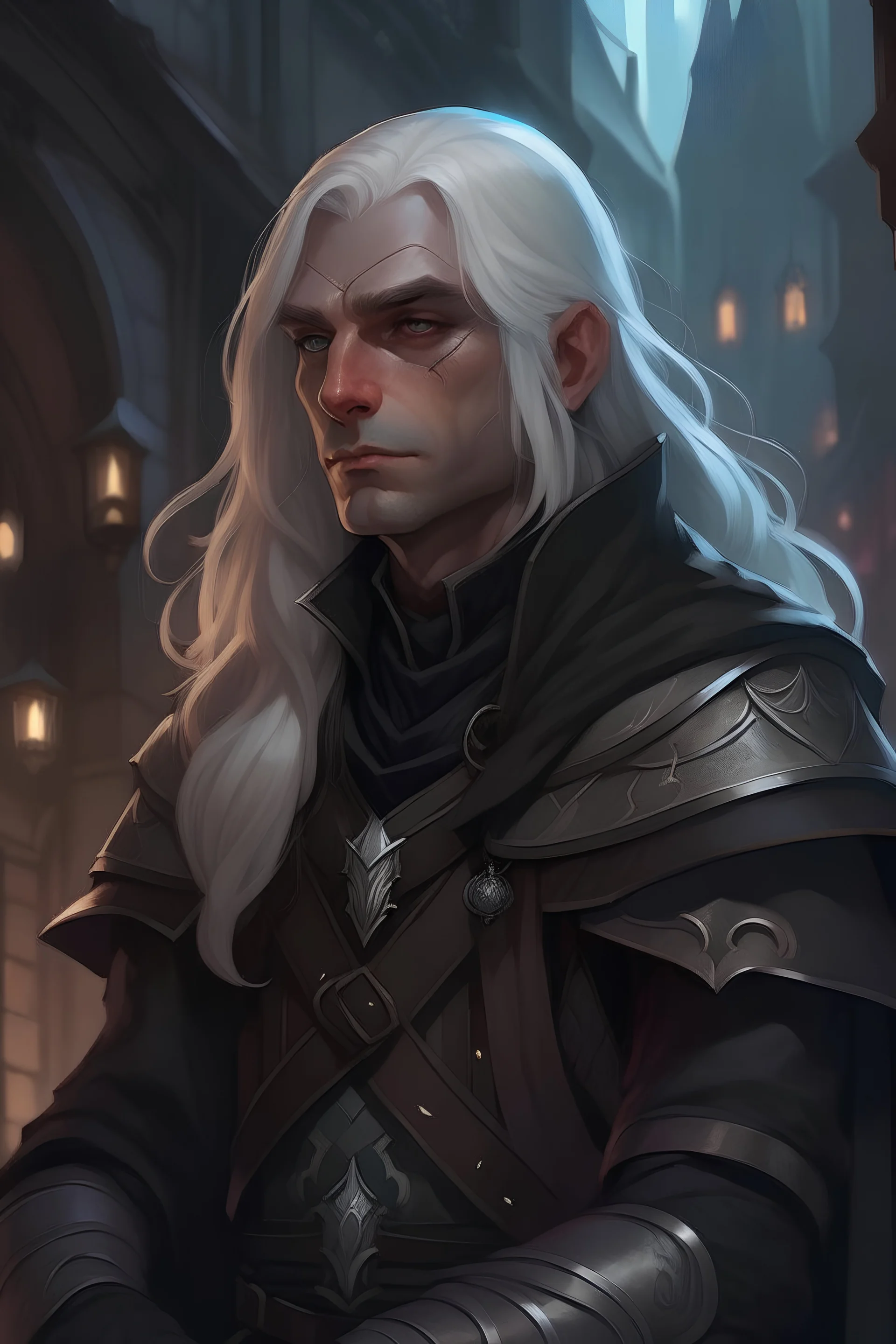 a noble thiefling in black light armor, black robes, thoughtful, long white hair, rogue,dnd, fantasy, high resolution, thinking face, in town, portrait
