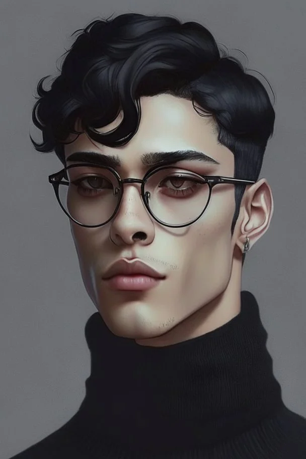 Short black hair, light skin, black turtle neck clothing, black glasses, earrings, grey eyes, black eye shadow, man