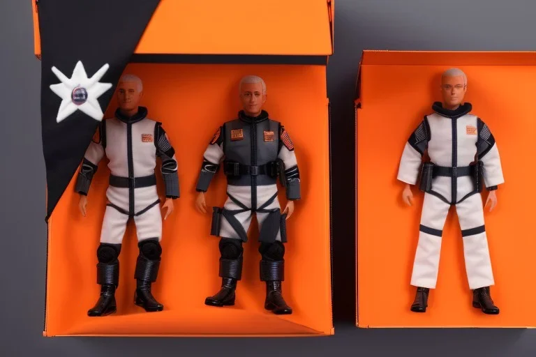 Mike pence G.i. Joe toy doll space force uniform inside a blister package hanging on A rack in toystore, fluorescent orange, wide angle shot whole body, black moonboots, fullsize