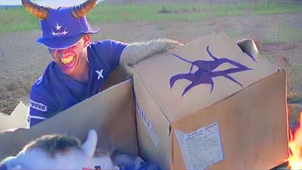 fedex driver with devil horns burns old photos in bonfire