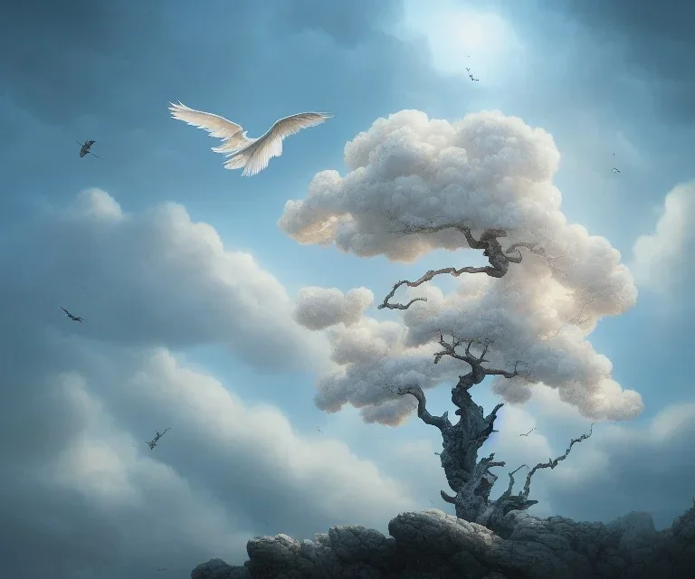 a beautiful digital painting of a marble tree entertwined in tumutluous clouds, intricate white branches and birds flying in the sunlight, blue sky at sunset, elegant, highly detailed, artstation, concept art, matte, sharp focus, art by tom bagshaw, kelogsloops and greg rutkowski