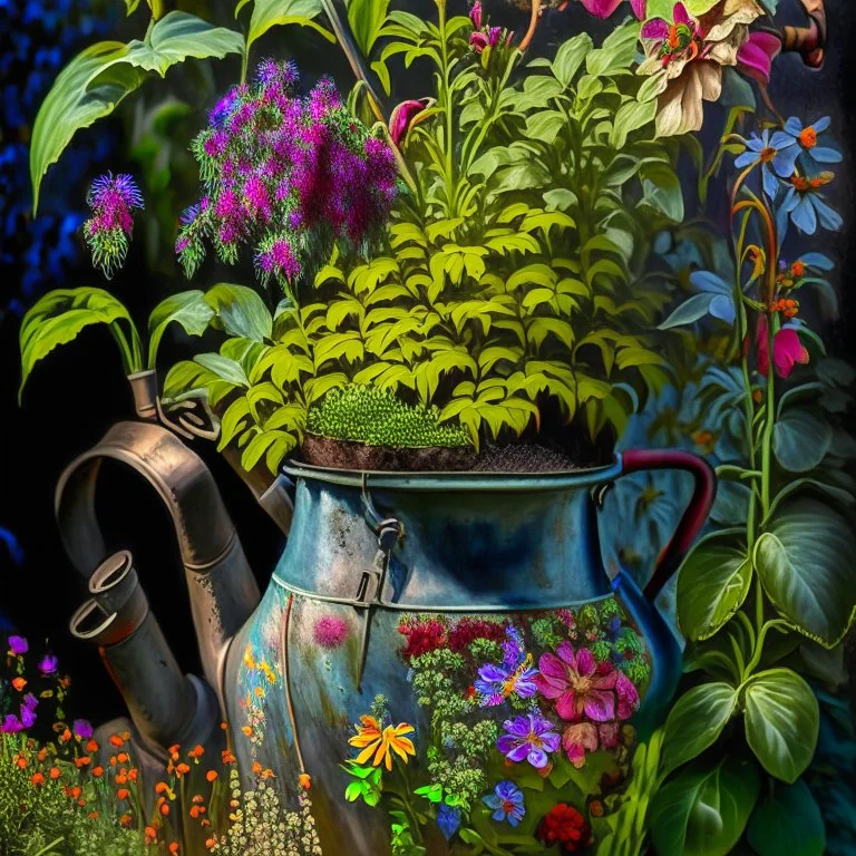 beautiful old watering can surrounded by gorgeous plants and flowers Modifiers: Award winning photography oil on canvas beautiful