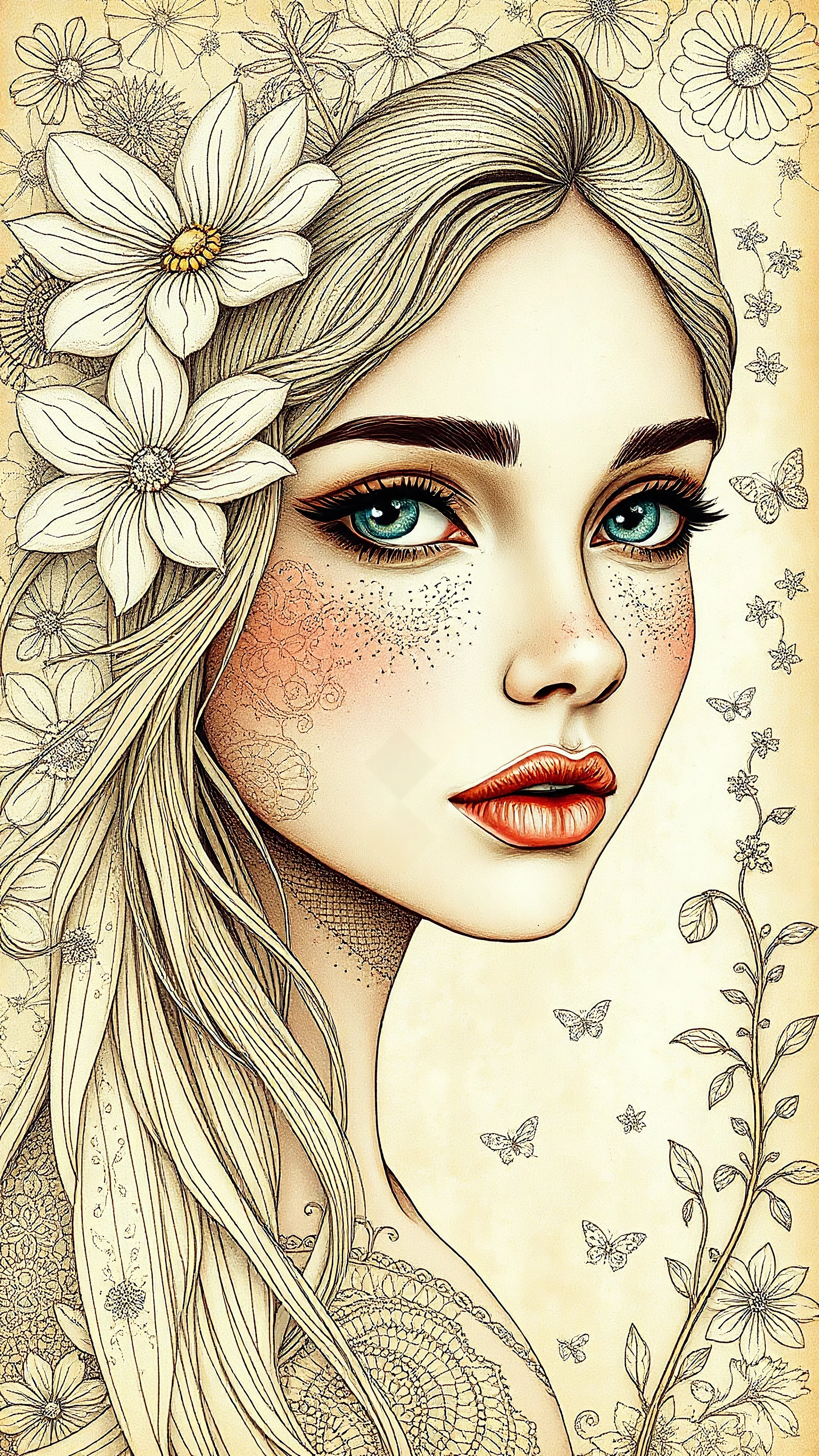 A very beautiful girl face, the setting is in a blend of old world aesthetics and ethereal creamy beige and white fantasy in a dreamlike ethereal zentangle illustration in the magical style of Charlene McNally and carne griffiths