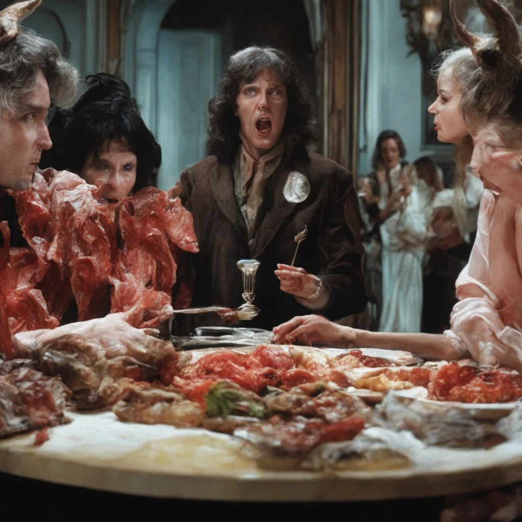 Horror movie shot, spooky, ultra realistic, distress, dine, horns, ultra realistic hot women, party, pieces of meat, creepy, organs, ail dynamic, anguish, very excited people, hypermaximalist figures, creepy, 1970's Italian horror movie, sinister, John Carpenter, Dario Argento, Stanley Kubrik, ornate, 4k, photorealism