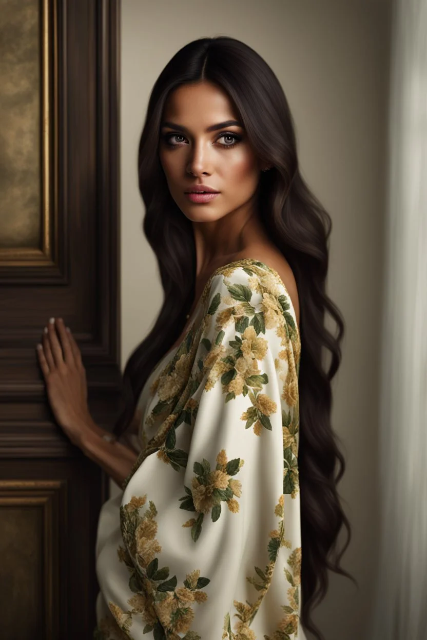 Portrait of an Olive skinned beautiful woman with long dark hair, photorealistic, standing in a living room