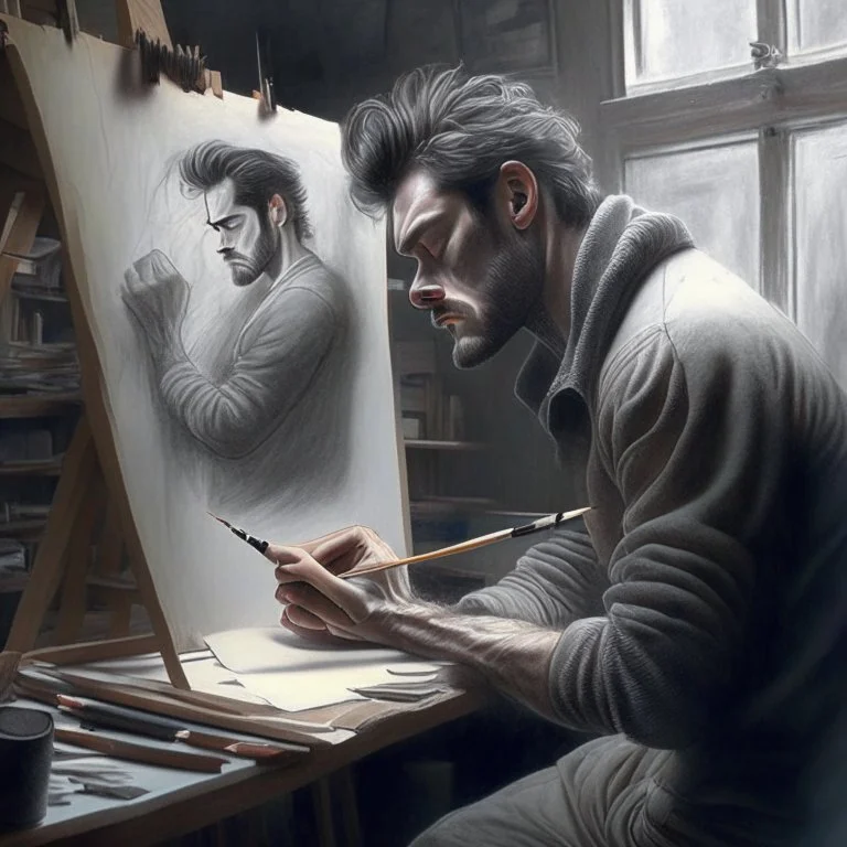 man in a art studio, realistic drawing