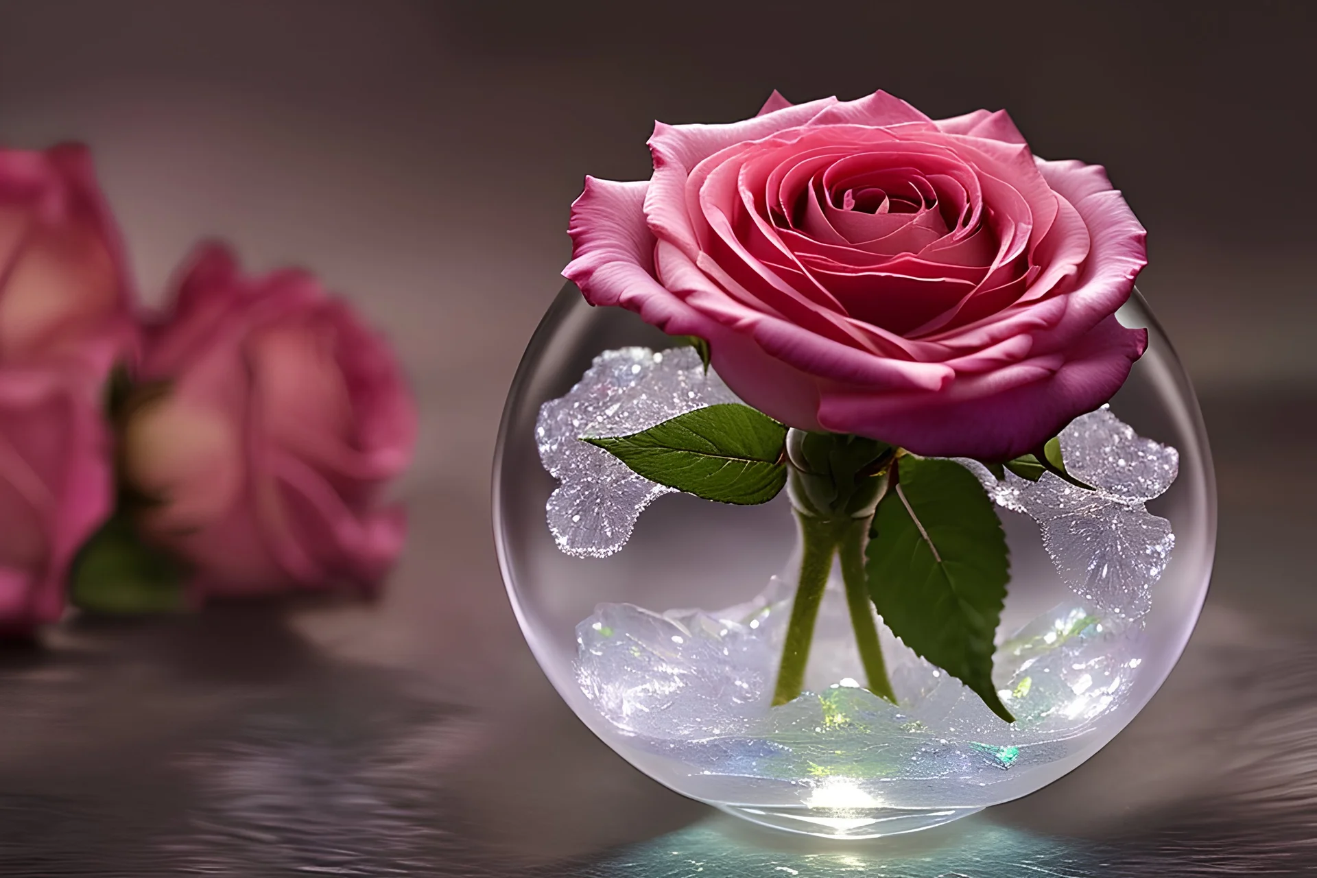a perfect rose formed of iridescent crystal enclosed within a translucent glass sphere, insane detail, intricate details, hyperrealistic, 16k resolution, cinematic, fantasy garden, Hyper realistic, intricately detailed, color depth, dramatic, dynamic lighting, colorful background