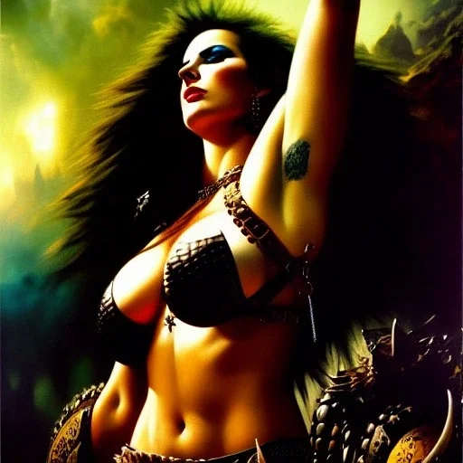 portrait oil on canvas, beautiful punk busty female Savage Barbarian Warrior,green eyes, ,minimal armor,comic book cover, mystical colors,insanely detailed,realistic,intrincate detail, 16k resolution, masterpiece,Frank Frazetta,Alex Horley, Simon Bisley