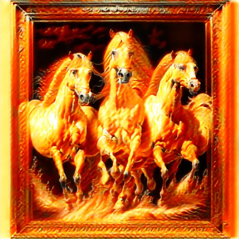 Tres Caballos Palomino cuerpo completo obra de arte hiperredetallado clima despejado arte renacentista pintura al oleo 8k marco del cuadro tallado en mdera