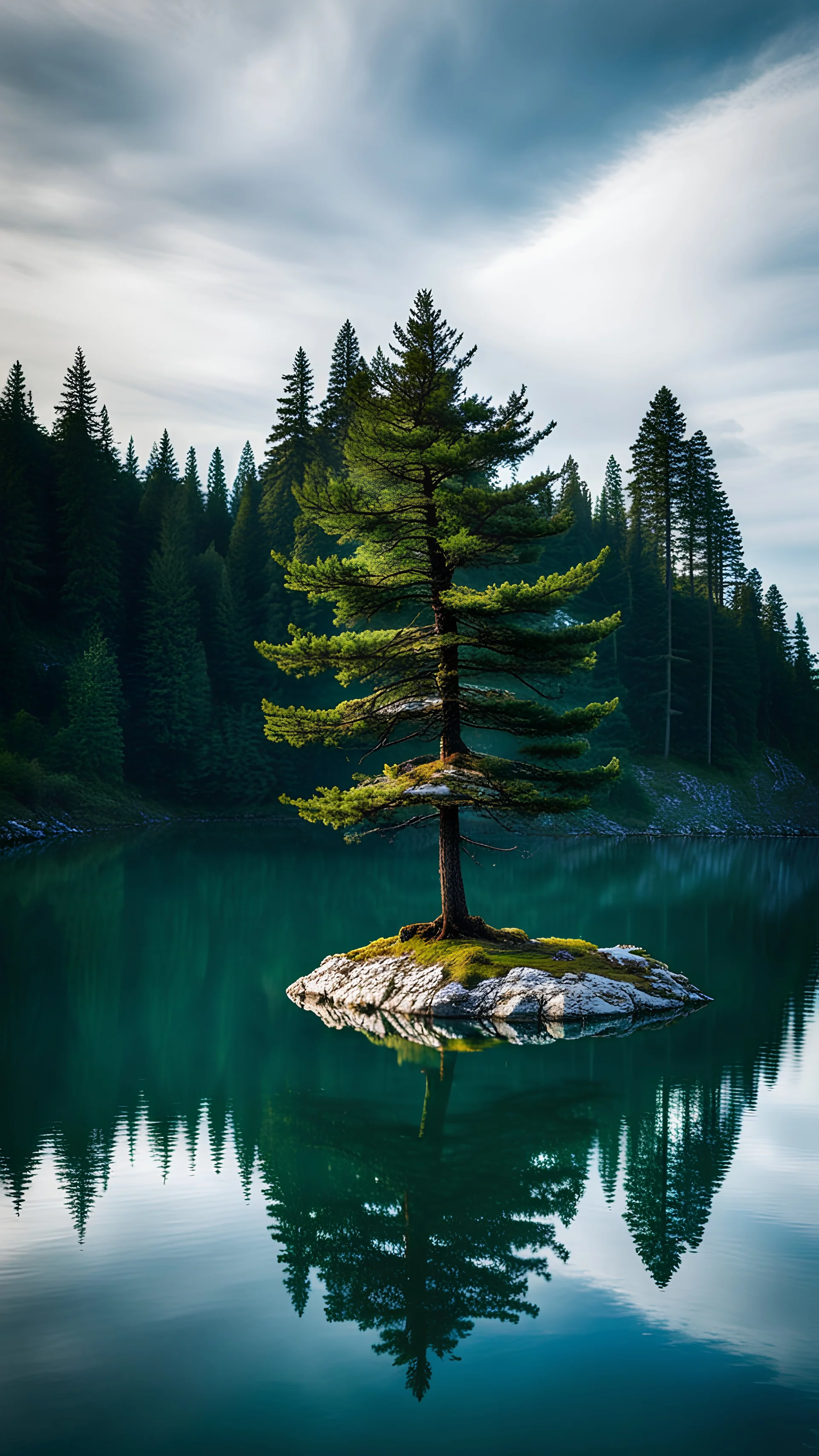 A fir tree in an islet in the middle of a calm lake,