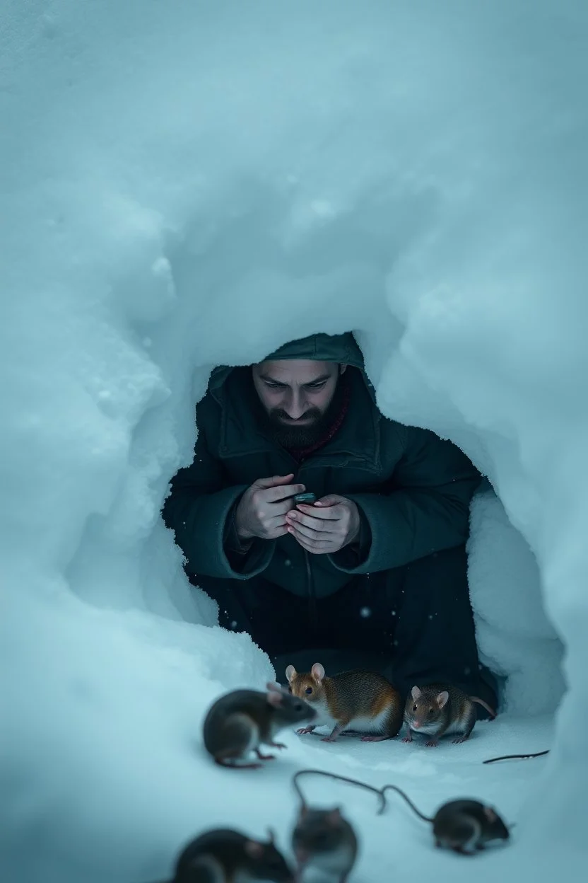 man living under the snow like a mouse with a lot of rats