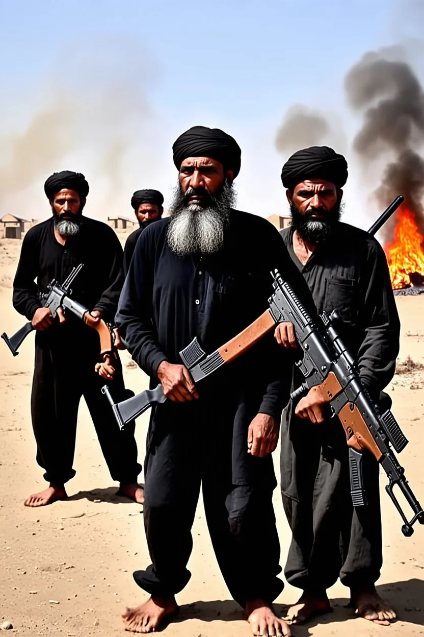 black men from afghanistan with grey beards very poor looking homeless with assault rifles in the desert behind them a burning village