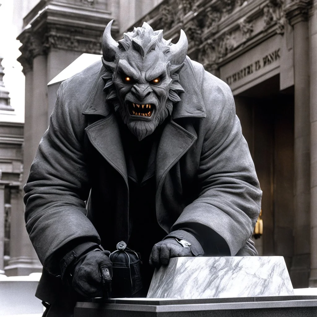 [photo from The Thing (1982)] A man in an unremarkable gray jacket scales the marble face of Central Trust Bank. His mask is a grotesque gargoyle, snarling like living stone under the streetlights. Duffel bags hang heavy at his side, burdened with tools of intrusion. A glimpse beneath his coat reveals the cold gleam of a firearm.
