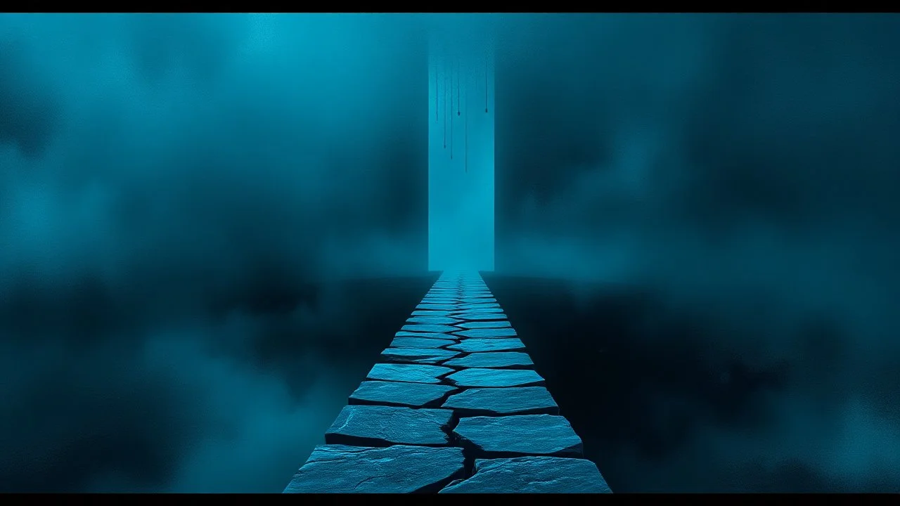 passage over nothingness, surreal, dark and cold abstract artwork dominated by deep blue, icy cyan, charcoal black and muted steel-grey tones. An narrow passageway emerges from an abstract distorted weird landscape, surrounded by thick fog and drifting mist. The space feels nightmare, alien and unsettling, with tiny floating circles and lines geometric forms, black onix column fragmented and unnatural perspectives. At the center of the composition cracked stone way over abyss