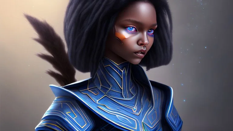 She's diminutive, with brown skin, short black dreadlocks hair. She has indigo blue eyes. She wore a long blue cape over a white dress.