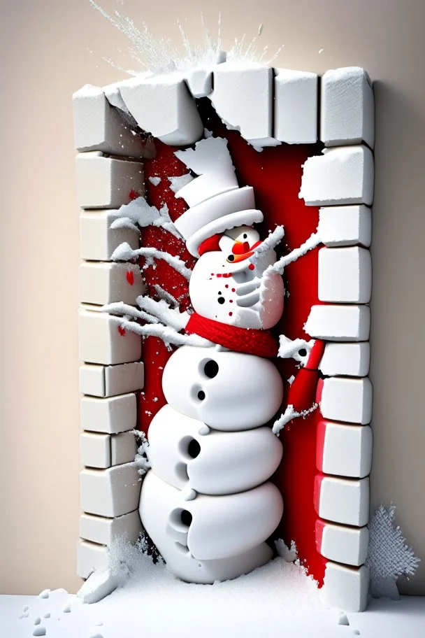 3d Christmas snowman, smashing out through a wall, plaster texture, white and red, 3d background