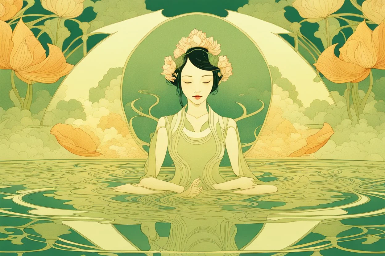 Bordered digital illustration of a Lotus Reflection by Victo Ngai. Art nouveau, Tarot card. High quality, masterpiece.