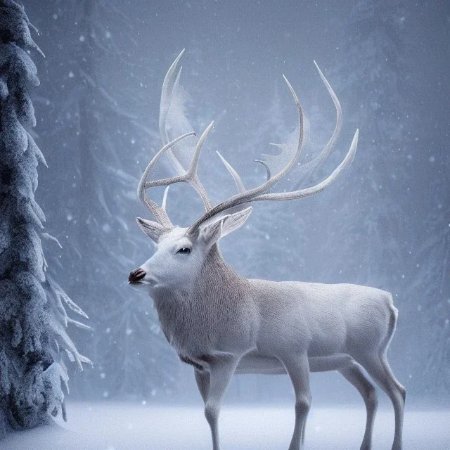 the most stunning, beautiful portrait of a white stag in a winter landscape, mystical, high-quality, ultrafine-detail, flickering light, mist, 8k resolution, 3d octane render, digital art, detailed matte, brian froud, howard lyon, selina french, anna dittmann, annie stokes, lisa parker, greg rutowski,