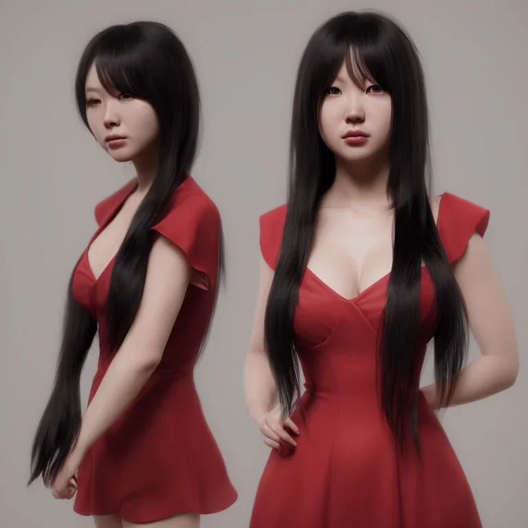 portrait only hitomi tanaka, long black hair, red dress, full body, 8k, highly realistic, octane render,