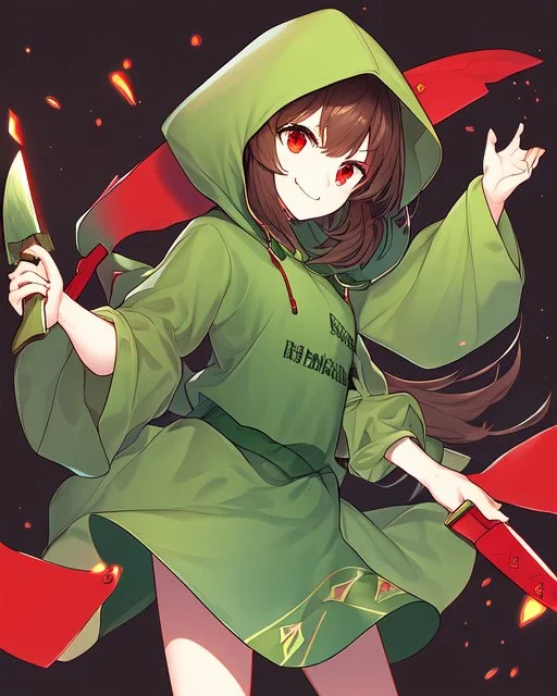 A character with short brown hair, red eyes who wears a green blouse open with its hood, holds a bright red knife, Smile insanely and very angry, dark background Very dark and HQ Manga.