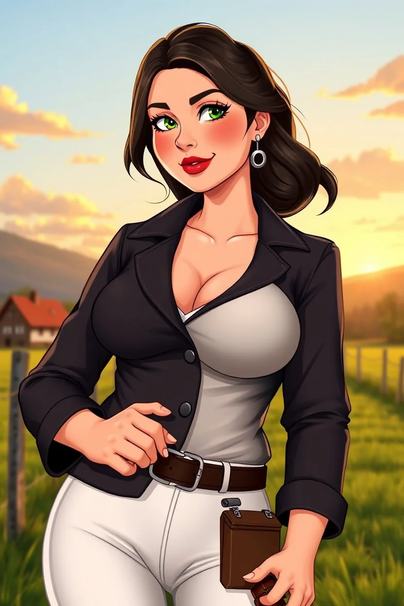 In a realistic, non-anime, vintage cartoon style: Bust shot of 35-year old, bit chubby Scandinavian dark-haired mansion owner lady with green eyes and thick lips, wearing equestrian attire with tight white pants and black or blue jacket and a riding crop, posing in Bavarian countryside in sunrise.