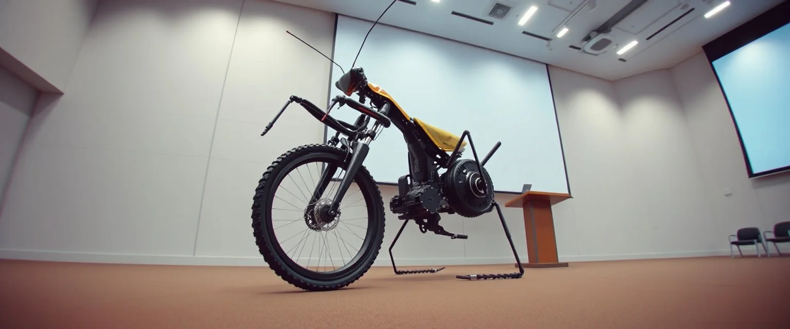 pinhole cam, airbrush 3d rendering, on tv screen:A five-second cinematic single take in a clean industrial presentation hall. A bizarre mechanically plausible tracked bicycle machine stands beside a presentation podium, designed to look like a giant mechanical praying mantis. Two large bicycle wheels form its main body and four thin articulated mechanical legs support it. Two long folded mechanical front arms resemble mantis forelegs, huge head and arms