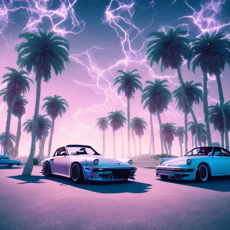 1980's aesthetic vaporwave palm trees and spheres and Porsche with lightning