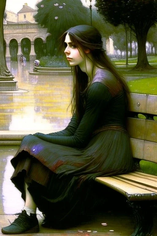 Woman sitting on a park bench John William Waterhouse