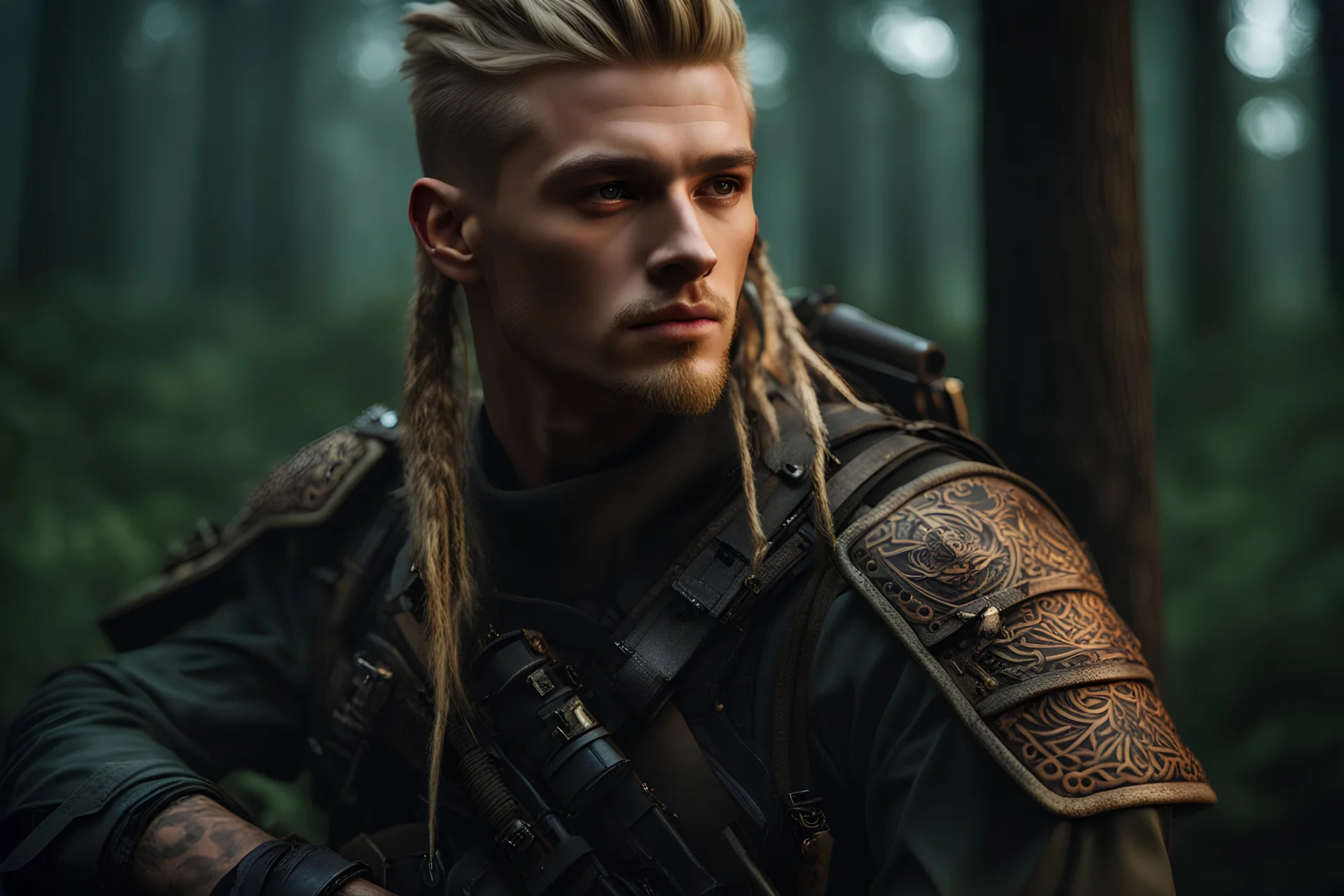 photorealistic hyperdetailed portait of 20-year-old german male, as mercenary with long blonde undercut hair, tribal tattoos and neatly trimmed beard wearing modern mercenary uniform dark fantasy forest backdrop