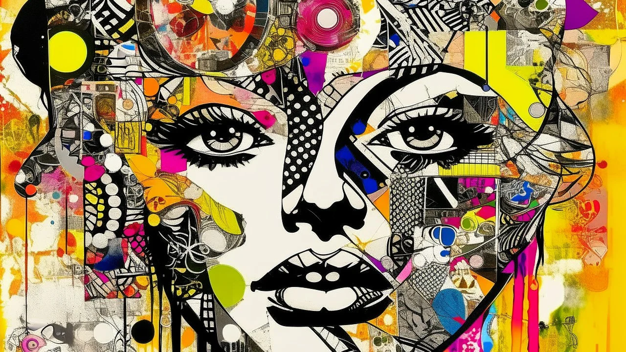 A mixed media collage featuring an abstract female figure with expressive eyes, adorned in vibrant patterns and symbols that evoke emotion., focus on face, isolated background, color splashes, scribbles, pen strokes, collage style, mixed media collage, scrapbook aesthetic, yellow-orange black purple pink white tones, vintage paper textures, hand drawn elements, playful use of shapes, bold shadows, whimsical atmosphere, textured brushstrokes, monochromatic palette, light pastel colors --ar 1:2 --