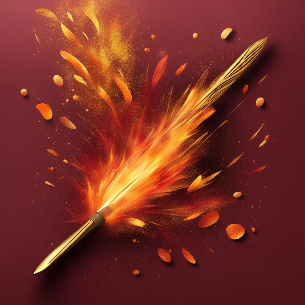 Hyper Realistic Glowing-Golden-Groovy-Brush-Patches on Maroon-&-Orange-background with fire-embers on it