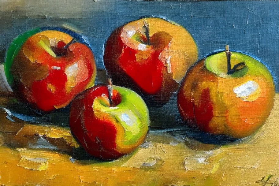 Abstract impasto oil painting of an apples on a table,style of William Turner