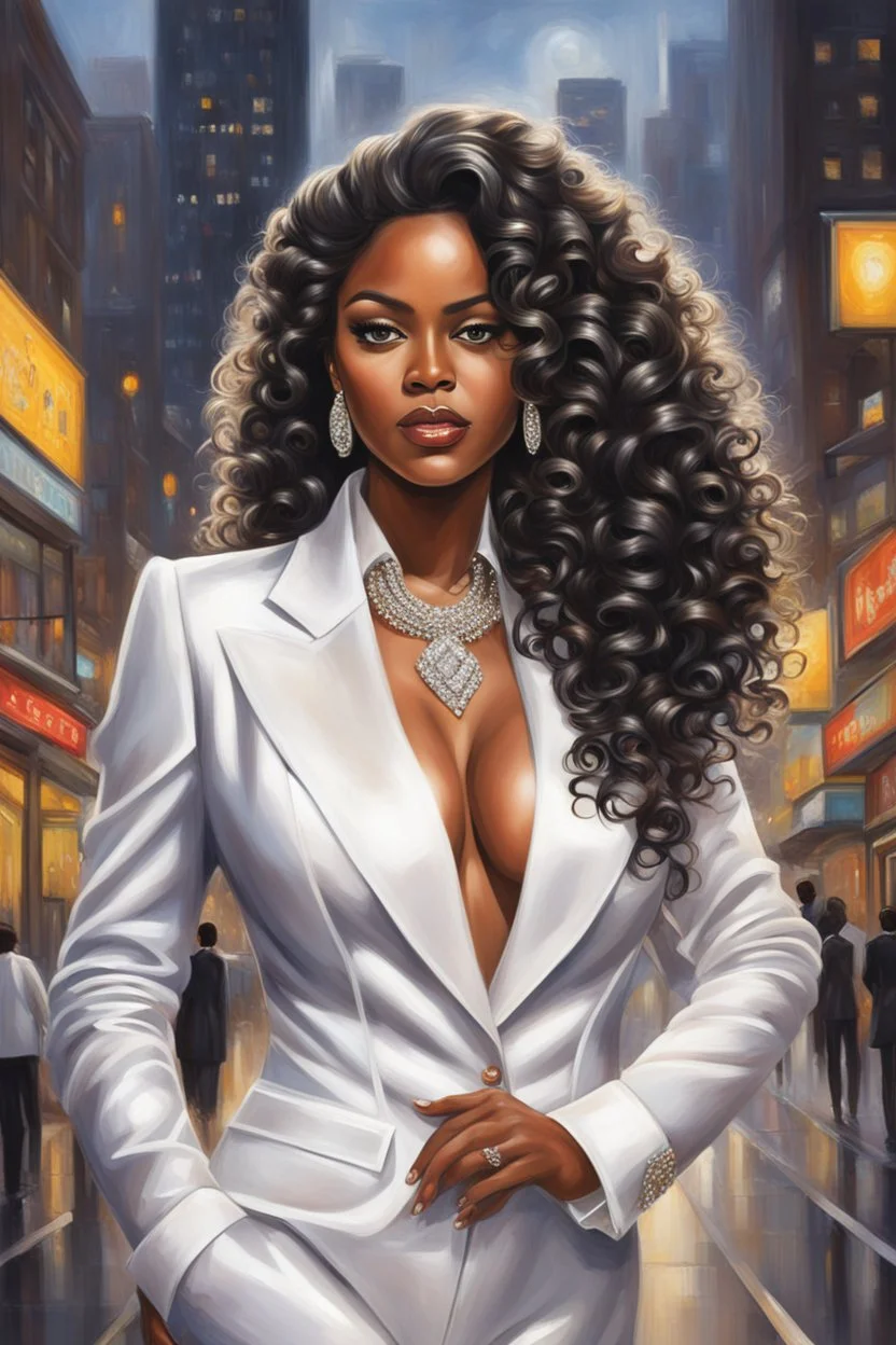 Create a oil painting image of a curvy African American female wearing a white business suit with white heels. Prominent make up with hazel eyes. Highly detailed very long extremely curly black hair. She is wearing silver and diamond Jewely that shines of the lights. Her skin is smooth and silky. Background of a busy city street