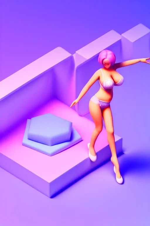 isometric clean art of super cute girl,big boobs,touching bra, soft lighting, soft pastel gradients, high definition, 3d icon clay render, blender 3d