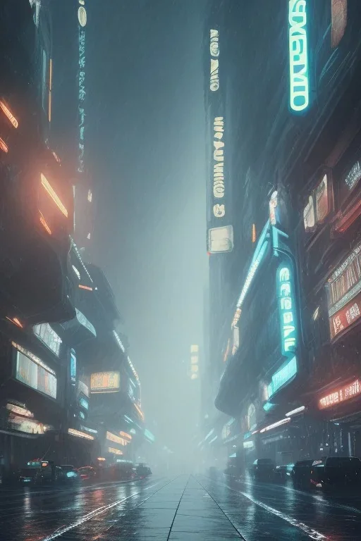 Blade Runner, raining, nostalgic, cold, dark blue, gloomy, heavy fog, 8k photorealistic, cinematic lighting, high details, dramatic, atmosphereric